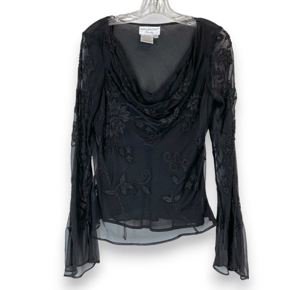 Papell Boutique Tops - Adrianna Papell Boutique Evening Black Beaded Blouse Silk XL Long Bell Sleeve
